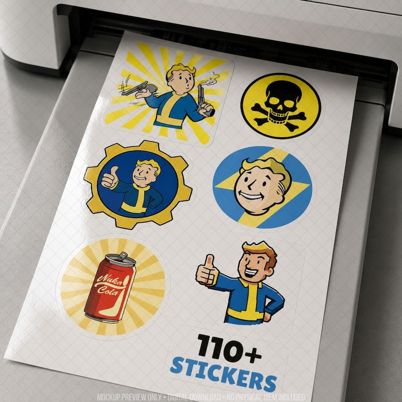 Printable sticker sheet shown freshly printed from a home printer, featuring retro-inspired cartoon character icons, vintage badges, a soft drink can, warning symbols and colorful gaming-themed graphics. Mockup highlights high-resolution digital download with over 110 printable stickers for laptops, journals, planners, water bottles, scrapbooking and gaming accessories, inspired by classic post-apocalyptic retro aesthetics without referencing copyrighted titles or characters.