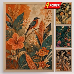 May include: A set of four framed posters featuring botanical and avian illustrations. The main poster displays a bird perched on a branch amidst orange hibiscus flowers and teal leaves. Other posters show a phoenix, a forest scene, and a person in robes.