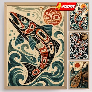 Puede incluir: Un conjunto de cuatro pósteres con peces estilizados y un remo en un estilo artístico del Noroeste del Pacífico. Las ilustraciones utilizan una paleta de azul cerceta, crema y naranja quemado, representando salmones saltando y agua.