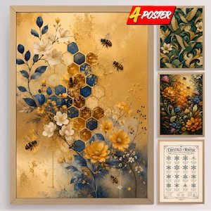 Golden Honeycomb Wall Art Nature Geometry Posters with Tessellated Hummingbirds, Bees and Snowflake Patterns