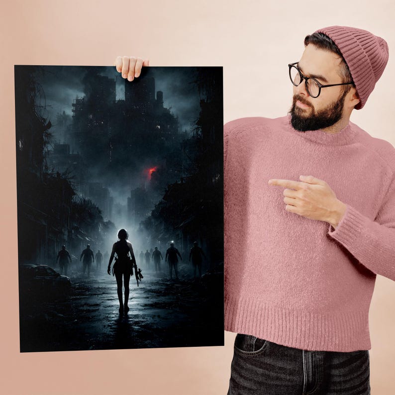 Designer holding a printed version of the dark apocalypse poster, showcasing the physical print quality and detail. The image reflects the effort, precision, and creative process behind crafting each dramatic composition with care and dedication.