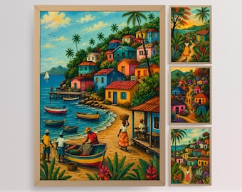 Stampe artistiche di villaggi haitiani: illustrazioni colorate della cultura popolare caraibica, pesca, Port-au-Prince, decorazioni semplici per la casa.