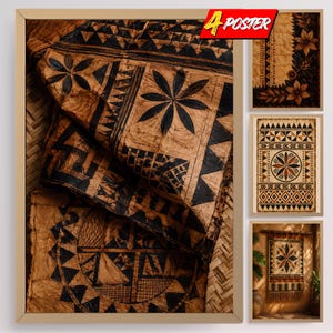 May include: A set of four posters featuring traditional Polynesian-style tapa cloth patterns in shades of brown and black. The designs include geometric shapes, floral motifs, and circular patterns printed on a textured background with the text 4 POSTER.