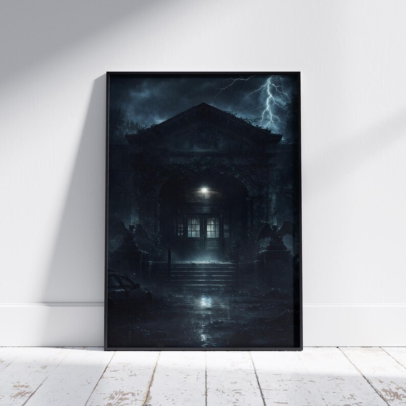 Framed dystopian survivor poster placed against a wall, showing a lone figure facing shadowy figures in a ruined city street. This atmospheric artwork adds tension and storytelling depth to any room.