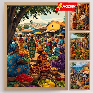 Può includere: Un set di quattro poster con vivaci illustrazioni di vivaci mercati all'aperto con persone che indossano abiti colorati a motivi, cesti di prodotti freschi ed edifici sotto un cielo luminoso. Il testo 4 POSTER è visibile.