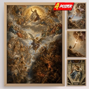 Puede incluir: Un conjunto de cuatro pósteres con arte religioso y mitológico clásico. El póster más grande representa una escena celestial con una figura central, ángeles y figuras oscuras. Tres pósteres verticales más pequeños muestran escenas de interacción humana.