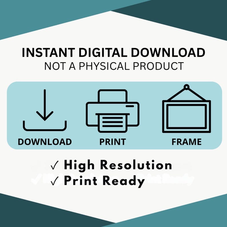 Instructional visual showing Instant digital download process with clear steps including download, print, and frame icons. This guide helps you quickly turn your artwork into a finished wall display.