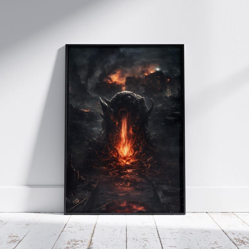 Framed stormy gothic building poster leaning on a wall, featuring an abandoned structure under heavy rain and lightning strikes. The wet ground reflections and dark tones enhance the cinematic horror aesthetic for modern interiors.