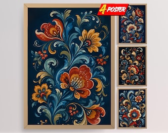 Norwegian Rosemaling Wall Art Prints, Hand-Painted Scandinavian Folk Floral Botanical Decors for Kitchen, Home