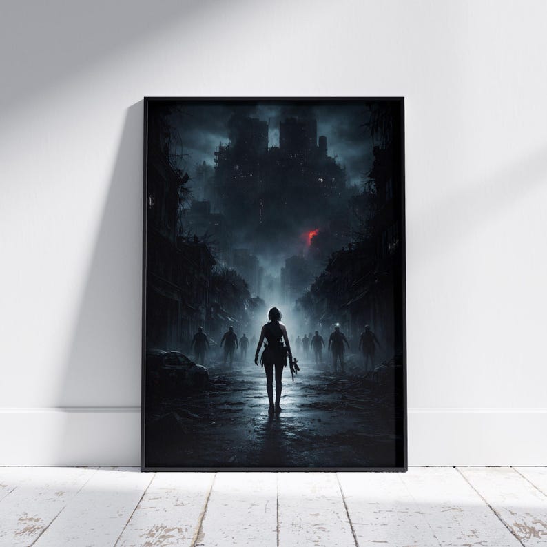 Framed dark apocalypse creature poster leaning against a wall, depicting a massive molten beast rising in a destroyed city with fire and smoke filling the skyline. This dramatic horror wall art adds bold cinematic intensity to any living space or studio.