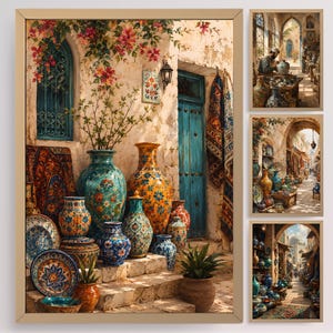 May include: A framed print of a vibrant, detailed painting depicting a Middle Eastern scene. The artwork showcases colorful pottery, a turquoise door, and lush floral accents. Additional smaller prints are included.