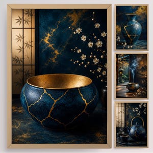 May include: A set of framed art prints featuring a Japanese aesthetic. The main print showcases a large, blue ceramic bowl with gold accents, complemented by smaller prints of vases and tea sets. The artwork has a dark, moody color palette.