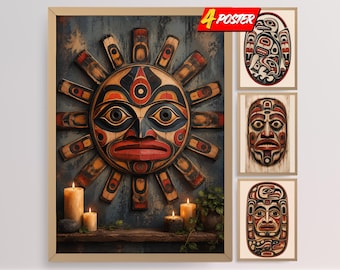 May include: A set of four posters featuring indigenous-style art. The main poster displays a sun-shaped wooden mask with red, black, and tan patterns, set above candles. Three smaller vertical posters show detailed oval-shaped masks with animal motifs.