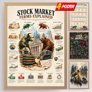 May include: A set of four educational posters titled Stock Market Terms Explained, featuring illustrations of a bull and bear, financial charts, definitions of investing vocabulary, and a stock market building in a light beige color scheme.