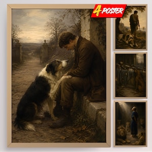 Puede incluir: Un conjunto de cuatro pósteres enmarcados con pinturas al óleo clásicas. El póster principal muestra a una persona sentada en un borde de piedra con un perro blanco y negro. Otros pósteres muestran una persona con un perro, un banquete y leones.