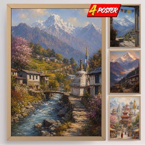 May include: A set of four framed posters featuring landscape paintings of Himalayan mountain villages, snow-capped peaks, stone buildings, flowing rivers, and traditional stupas. The text 4 POSTER is visible in the top right corner of the main image.