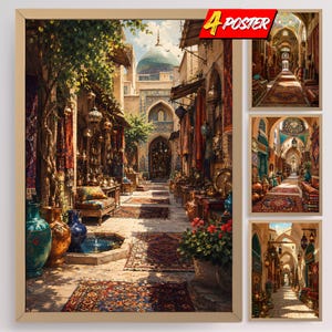 May include: A set of four posters featuring detailed illustrations of a Middle Eastern bazaar with arched stone walkways, ornate rugs, hanging lanterns, and a central fountain. The artwork displays warm earth tones, intricate architectural details, and vibrant textiles in a marketplace setting. The text 4 POSTER is visible in the top right corner.