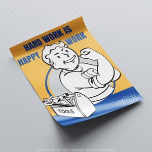 Retro-inspired motivational printable poster mockup with a smiling cartoon-style worker giving a confident gesture beside a toolbox on a bold yellow and blue background. Curled paper preview showcases vintage propaganda-inspired graphic design for gaming rooms, offices, workshops or entertainment spaces. High-resolution digital wall art with a post-apocalyptic retro aesthetic and collectible printable decor, without referencing copyrighted titles or characters.