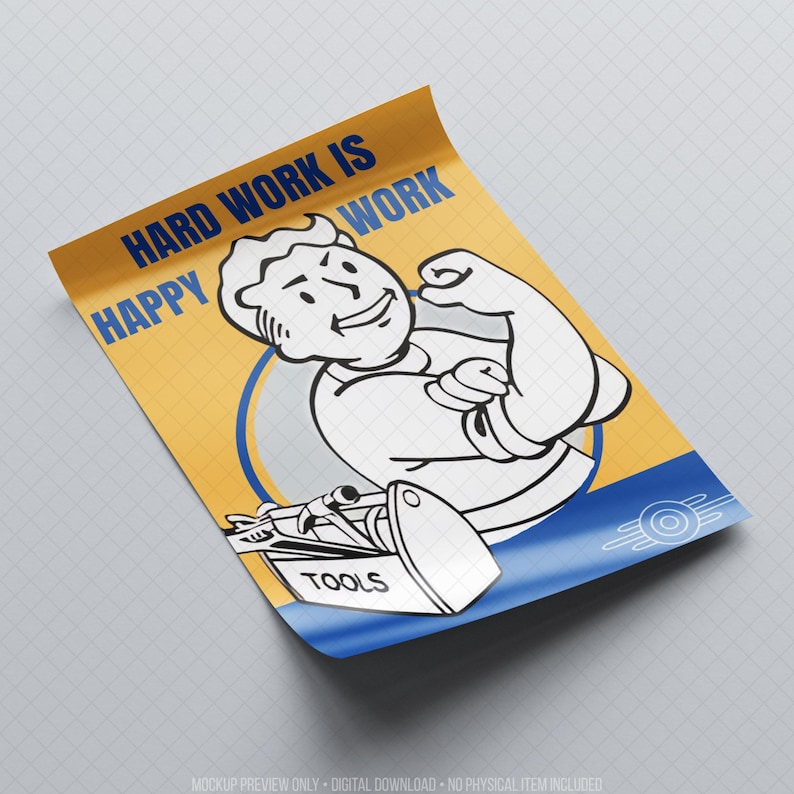 Retro-inspired motivational printable poster mockup with a smiling cartoon-style worker giving a confident gesture beside a toolbox on a bold yellow and blue background. Curled paper preview showcases vintage propaganda-inspired graphic design for gaming rooms, offices, workshops or entertainment spaces. High-resolution digital wall art with a post-apocalyptic retro aesthetic and collectible printable decor, without referencing copyrighted titles or characters.