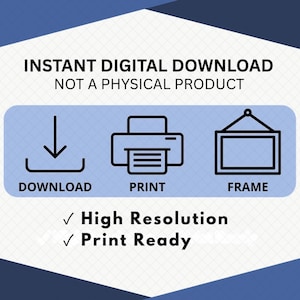 Instant digital download information graphic explaining the simple print-at-home process with download, print and frame icons. Clean instructional design highlights high-resolution, print-ready digital artwork for home printing or professional print services. Informational listing image clarifies that the purchase includes a digital file only and no physical item will be shipped.