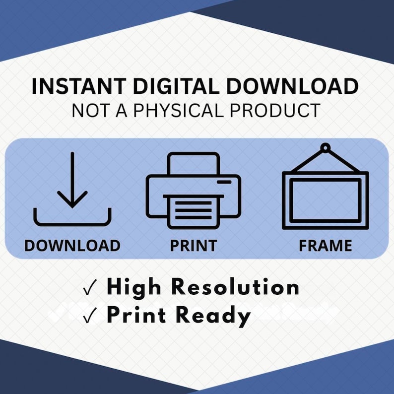 Instant digital download information graphic explaining the simple print-at-home process with download, print and frame icons. Clean instructional design highlights high-resolution, print-ready digital artwork for home printing or professional print services. Informational listing image clarifies that the purchase includes a digital file only and no physical item will be shipped.