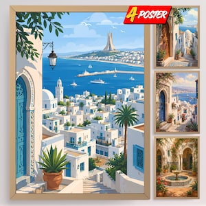 Impressions d'art de la Casbah d'Alger : gouache, paysage urbain, cour, affiche à la mémoire des martyrs, fontaine en pierre, carreaux de mosaïque