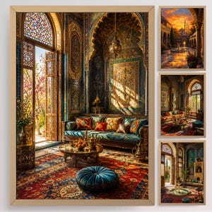 May include: A set of framed prints depicting an opulent interior with a teal sofa, patterned rug, and arched doorways. The artwork suggests luxury and cultural richness, with warm lighting and intricate details throughout.
