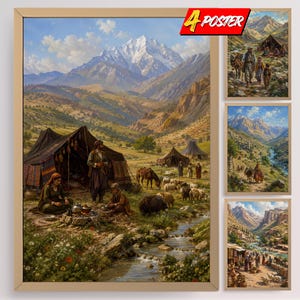 Kurdiska nomader konsttryck: Zagrosbergskonstverk, färgglad folkscenillustration, landskapsväggdekorationer