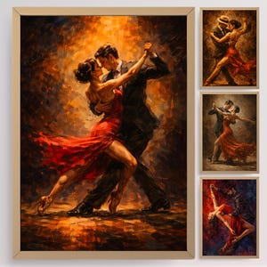 Puede incluir: Obra de arte enmarcada que representa a una pareja bailando tango, en tonos cálidos de rojo, naranja y marrón. La mujer lleva un vestido rojo fluido, y el hombre un traje oscuro. También se muestran impresiones enmarcadas más pequeñas de bailarines de tango.