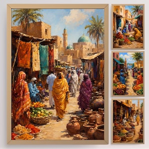 Puede incluir: Un conjunto de impresiones enmarcadas que representan una escena de mercado bulliciosa. La obra de arte presenta una paleta vibrante de colores cálidos, con figuras con vestimenta tradicional, puestos y detalles arquitectónicos. El conjunto incluye una pieza central grande y tres impresiones complementarias más pequeñas.