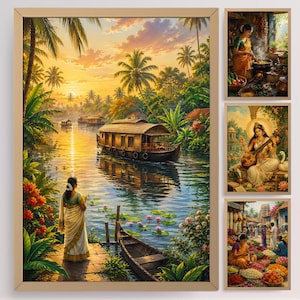 May include: Framed artwork showing a tranquil river scene with a houseboat, palm trees, and a sunset. Smaller framed images depict scenes of daily life and cultural activities, including cooking, music, and a market.