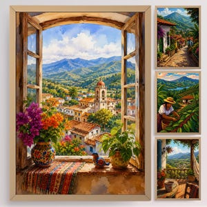 May include: Watercolor painting of a scenic view through an open window, showcasing a vibrant village nestled in a valley with mountains in the background. The window sill features colorful flowers in a vase and a patterned textile.