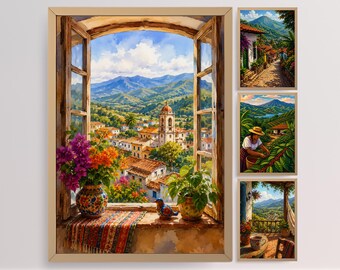 Manifesto per vetrine di El Salvador, paesaggio tropicale con caffè in un villaggio, cioccolata calda, arte popolare salvadoregna.
