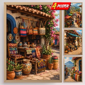 May include: A set of four posters featuring vibrant scenes of a marketplace with colorful woven bags, patterned textiles, ceramic pottery, and potted cacti. The artwork displays sun-drenched outdoor stalls, cobblestone paths, and mountain views.