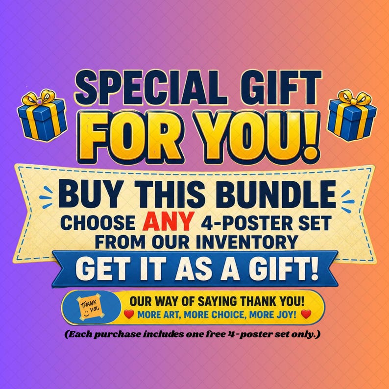 Promotional bonus offer graphic announcing an exclusive extra reward with every qualifying purchase. The design features colorful gift icons, bold typography and a cheerful layout explaining that customers may select one additional four-poster bundle from the available catalog at no extra cost. Created to highlight added value, expanded artwork choices and a more enjoyable shopping experience while encouraging visitors to explore the complete collection.