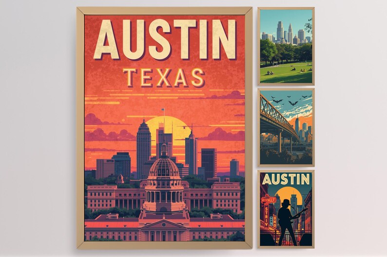 Austin Texas Retro Travel Poster Skyline Capitol Wall Art Print ...