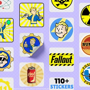 Mockup displaying a large collection of retro-inspired gaming stickers arranged on a soft background. The sticker pack includes cheerful cartoon characters, survival icons, atomic symbols, retro beverage graphics and vintage sci fi inspired emblems with bold blue and yellow colors. Perfect for gaming graphics lovers, retro gaming sticker collections, post-apocalyptic themed accessories, laptops, notebooks, water bottles and creative crafting projects without referencing any copyrighted franchise