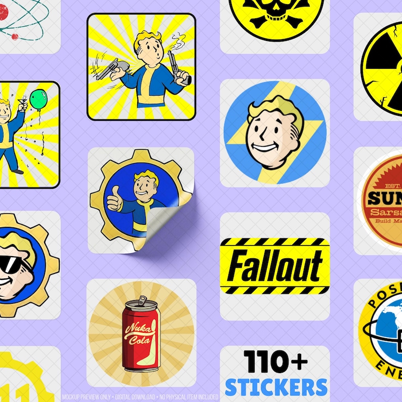 Mockup displaying a large collection of retro-inspired gaming stickers arranged on a soft background. The sticker pack includes cheerful cartoon characters, survival icons, atomic symbols, retro beverage graphics and vintage sci fi inspired emblems with bold blue and yellow colors. Perfect for gaming graphics lovers, retro gaming sticker collections, post-apocalyptic themed accessories, laptops, notebooks, water bottles and creative crafting projects without referencing any copyrighted franchise