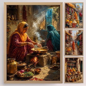 May include: A framed artwork set depicting an Indian kitchen scene with a woman cooking over a fire, and two smaller framed images of a bustling marketplace. The main image shows a woman in a yellow headscarf and red dress. The marketplace scenes show colorful spices.