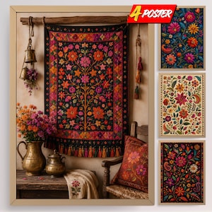 May include: A set of four posters featuring floral patterns, including a large wall hanging with a black background and colorful embroidered-style flowers, plus three smaller rectangular prints with dark and light floral designs and the text 4 POSTER.