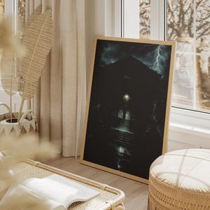 Dark aesthetic poster set used in a media room, enhancing the environment with immersive storytelling scenes and bold cinematic visuals.