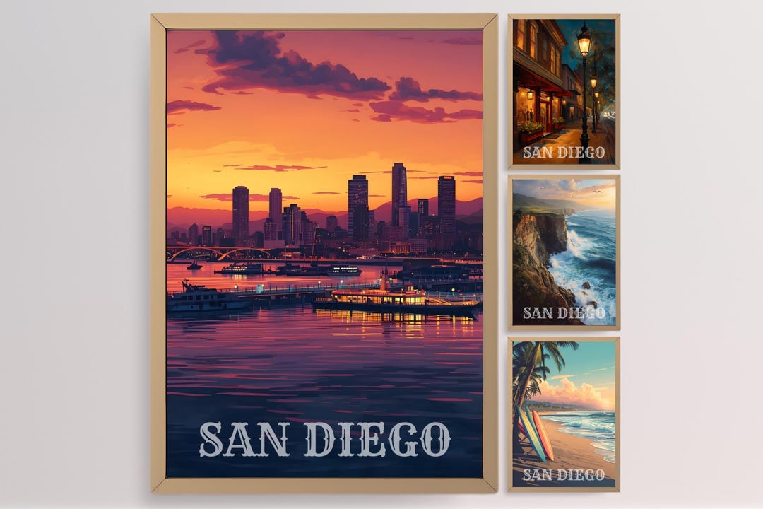 San Diego California Travel Poster Coastal City Beach Skyline 4 Wall ...