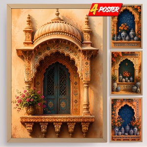 May include: A set of four posters featuring architectural illustrations of arched windows with ornate carvings, blue wooden shutters, and stone ledges. Each window display includes decorative vases and vibrant orange or pink floral arrangements.