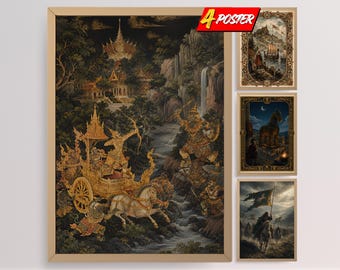 Epic Mythology Wall Art: Malowidło Ramakien z norweskimi sagami, jeźdźcy trojańscy, wydruki fantasy, Rohirrim