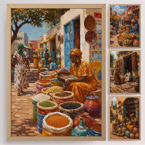 May include: A set of four framed wall art prints depicting vibrant outdoor market scenes. The images feature individuals in colorful clothing selling various grains, spices, and pottery in a sunlit, textured street setting with warm earth tones.