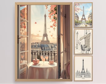Paris väggkonst poster Eiffeltornet illustration romantisk parisisk dekor resor stadslandskap målning tryck