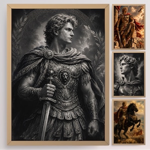 May include: A set of four framed wall art prints featuring a classical warrior in armor. The large print shows a portrait of a soldier with a sword, while the three smaller prints depict a standing warrior, a close-up portrait, and a mounted rider.