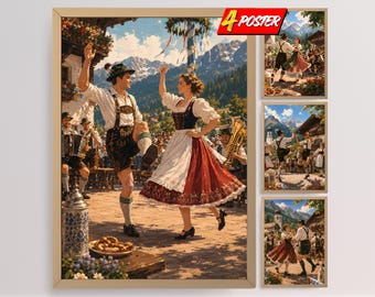 Cultural German Folk Dance Art Prints: Bavarian Alpine Village Festival Scenes Traditional Heritage Decors
