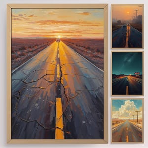 Könnte beinhalten: Gerahmtes Kunstwerk mit einer langen, rissigen Straße, die auf einen Sonnenuntergang zuführt. Das Gemälde hat eine warme Farbpalette aus Gelb-, Orange- und Brauntönen. Zusätzliche kleinere gerahmte Drucke zeigen ähnliche Straßenszenen.
