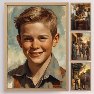 May include: A framed portrait of a smiling boy with light brown hair and blue eyes. The boy wears a blue shirt with brown suspenders. Three smaller framed paintings depict scenes of people in a vintage style.